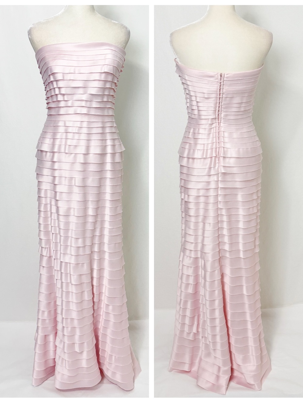 Tadashi Shoji Strapless Layered ruffle Satin evening dress in Pale Pink